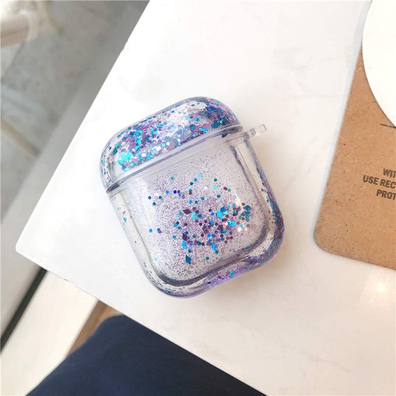 UnnFiko Bling Quicksand Case Compatible with AirPods 1/2, Cute Sparkle Liquid Protective Case, Funny Creative Hard Clear Airpods 1 & 2 Cover with Keychain (Purple Glitter) - Image 3
